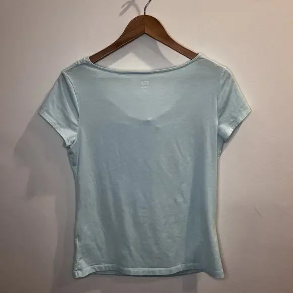 Title Nine Shirt Womens Medium Light Blue Breeze Cowl Neck Short Sleeve Stretch - Picture 3 of 8